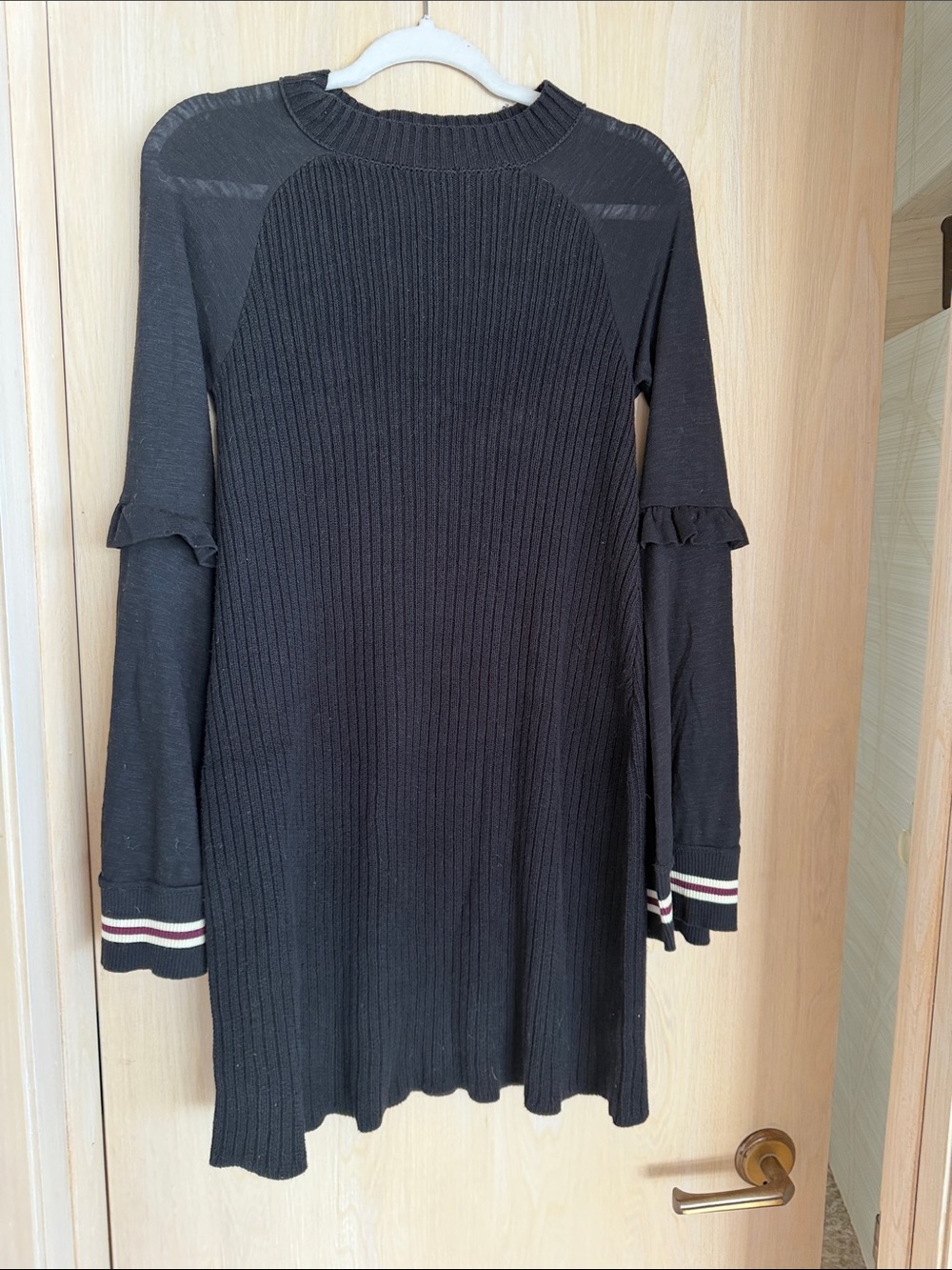 Free People Black Ribbed Long-Sleeve Mini Dress with Stripe Cuffs
